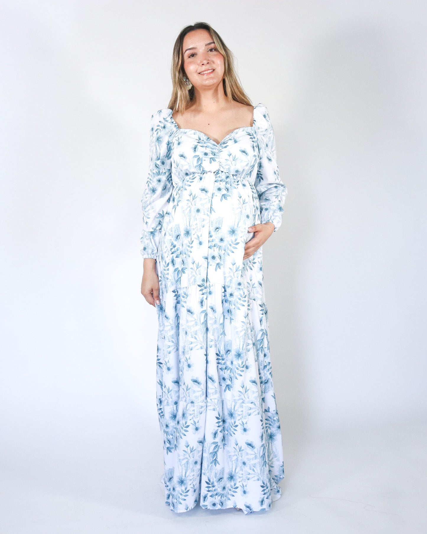 Vestido maternidad Priscila largo, blanco con azul