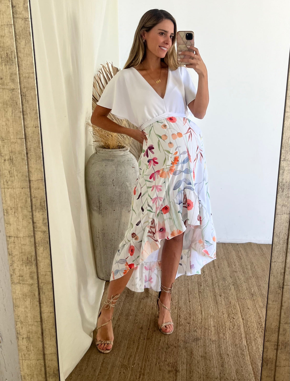 Vestido de Maternidad, Love Carlota blanco con flores pasteles CH, XG