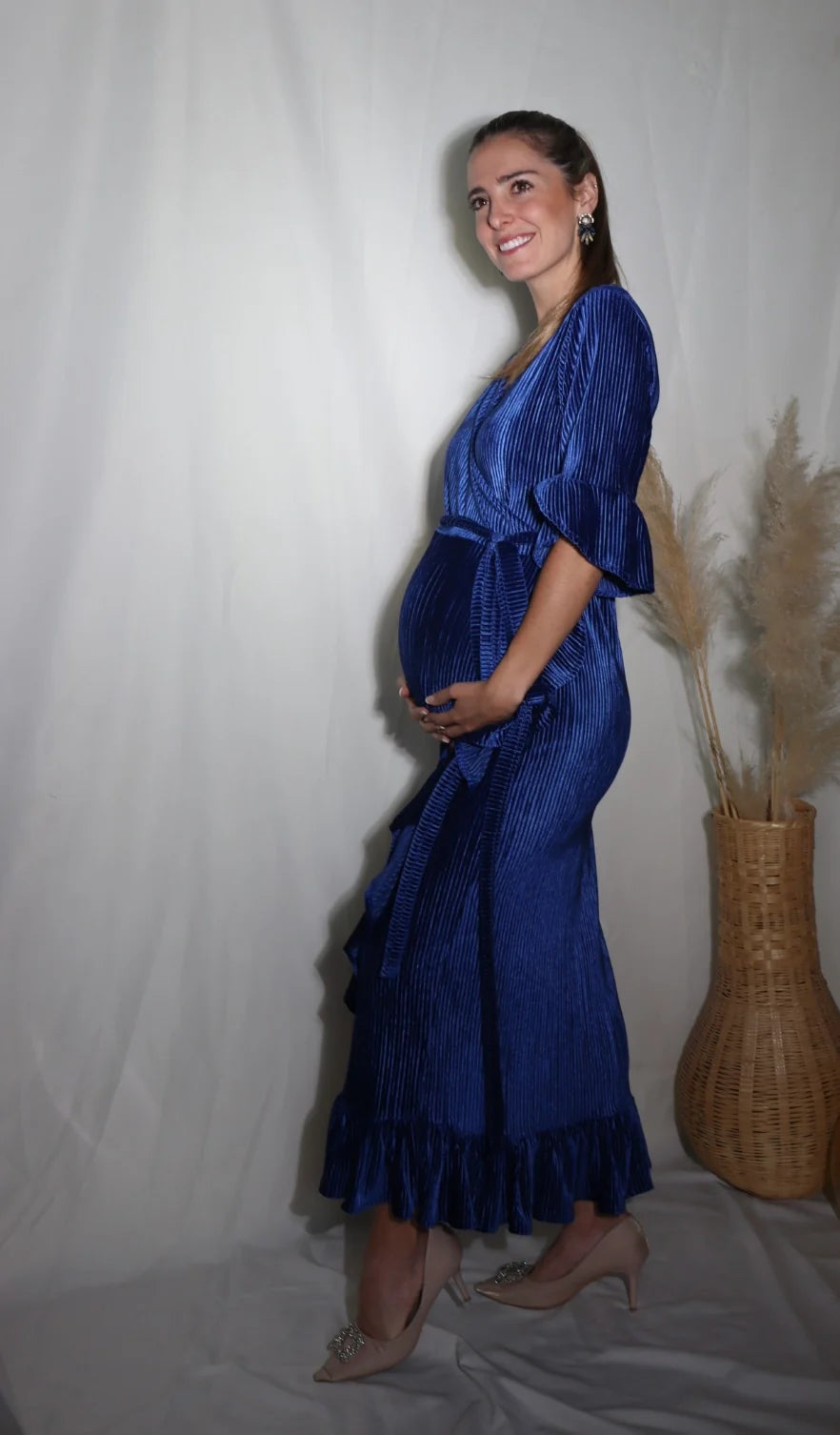 Vestido de Maternidad Ursula Azul Terciopelo Rayitas