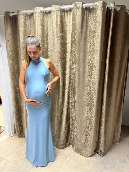 Vestido maternidad Eugenia largo azul polvo brilloso