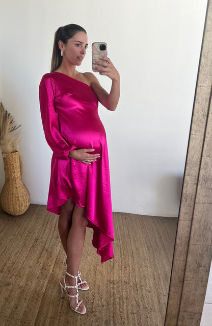Vestido maternidad Samantha, rosa Barbie brilloso CH, M, G