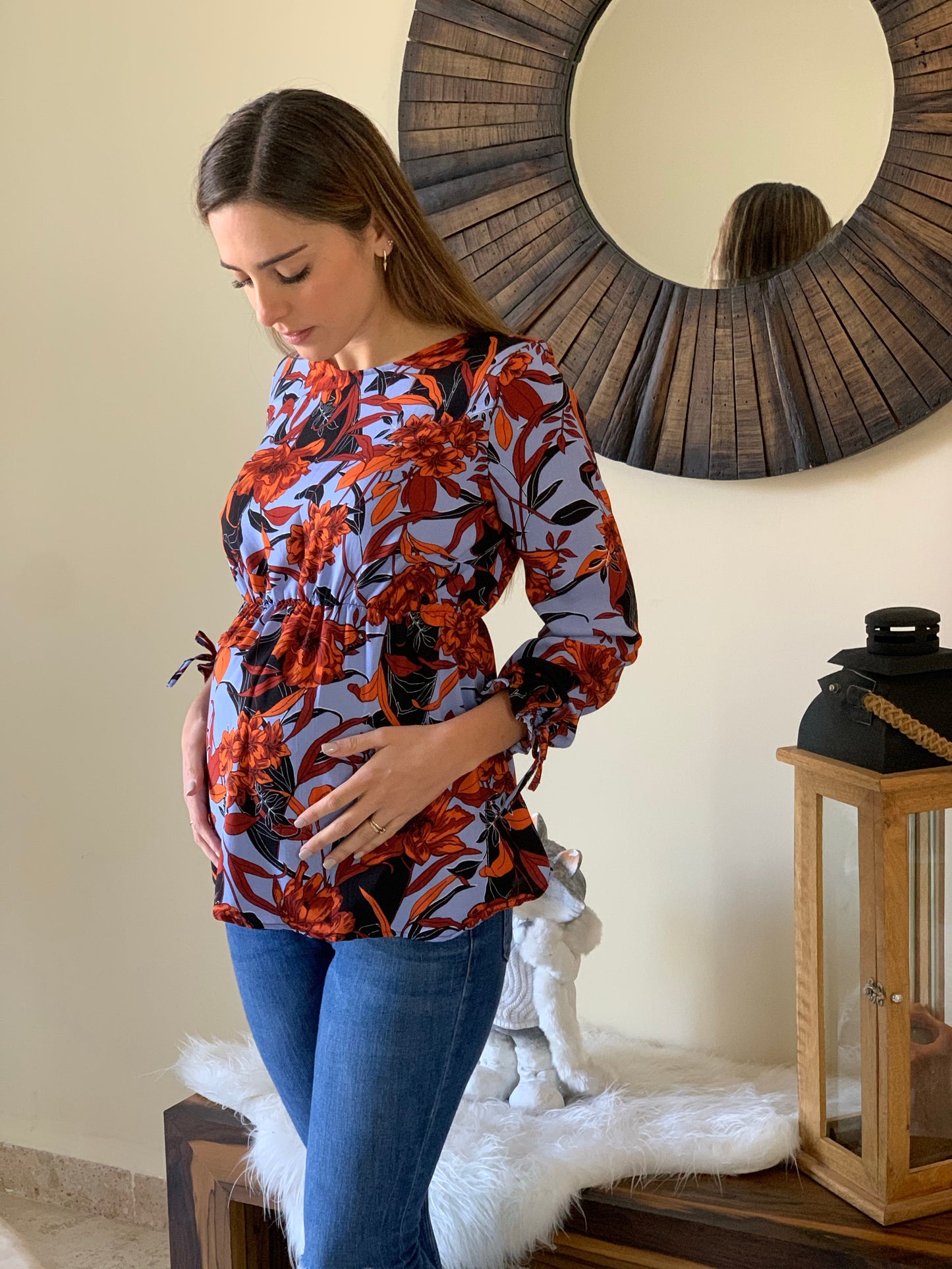 Blusa de maternidad, Anna azul flores naranjas CH