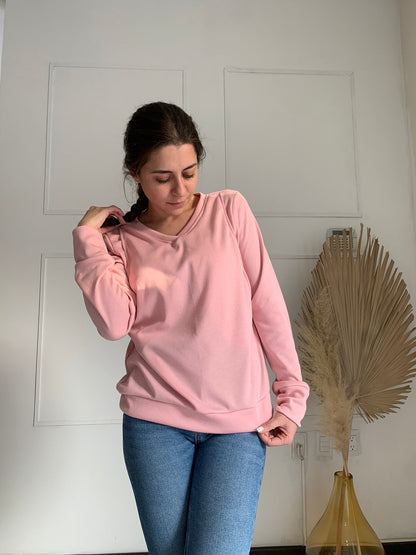 Suéter de lactancia Daniela rosa calientito, con abertura en pecho
