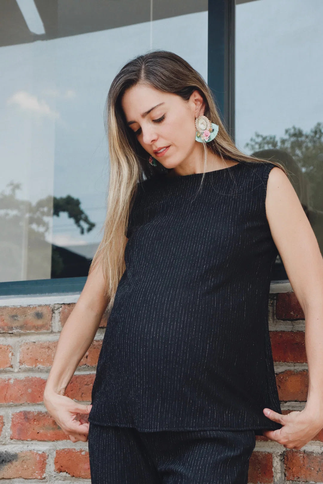 Conjunto de Maternidad Mayte, Negro Corrugado Brillos