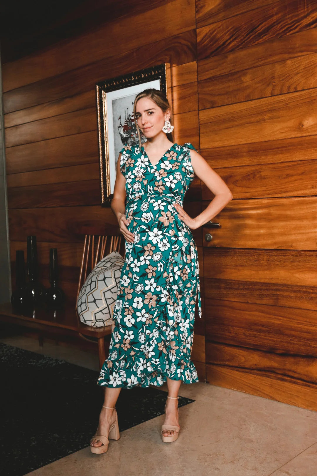 Vestido de Maternidad Ursula Sin Mangas Verde Flores Mostazas