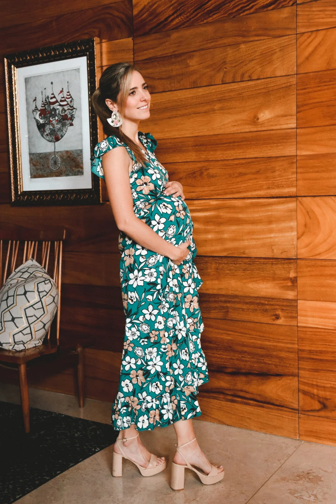 Vestido de Maternidad Ursula Sin Mangas Verde Flores Mostazas