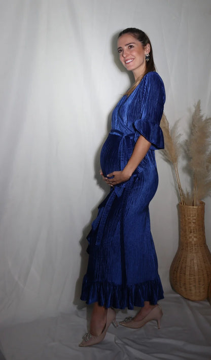 Vestido de Maternidad Ursula Azul Terciopelo Rayitas
